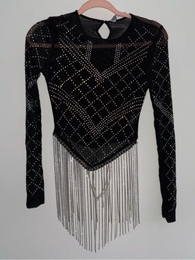 Never Worn! Black Long-Sleeve Rhinestone Fringe Bodysuit Top